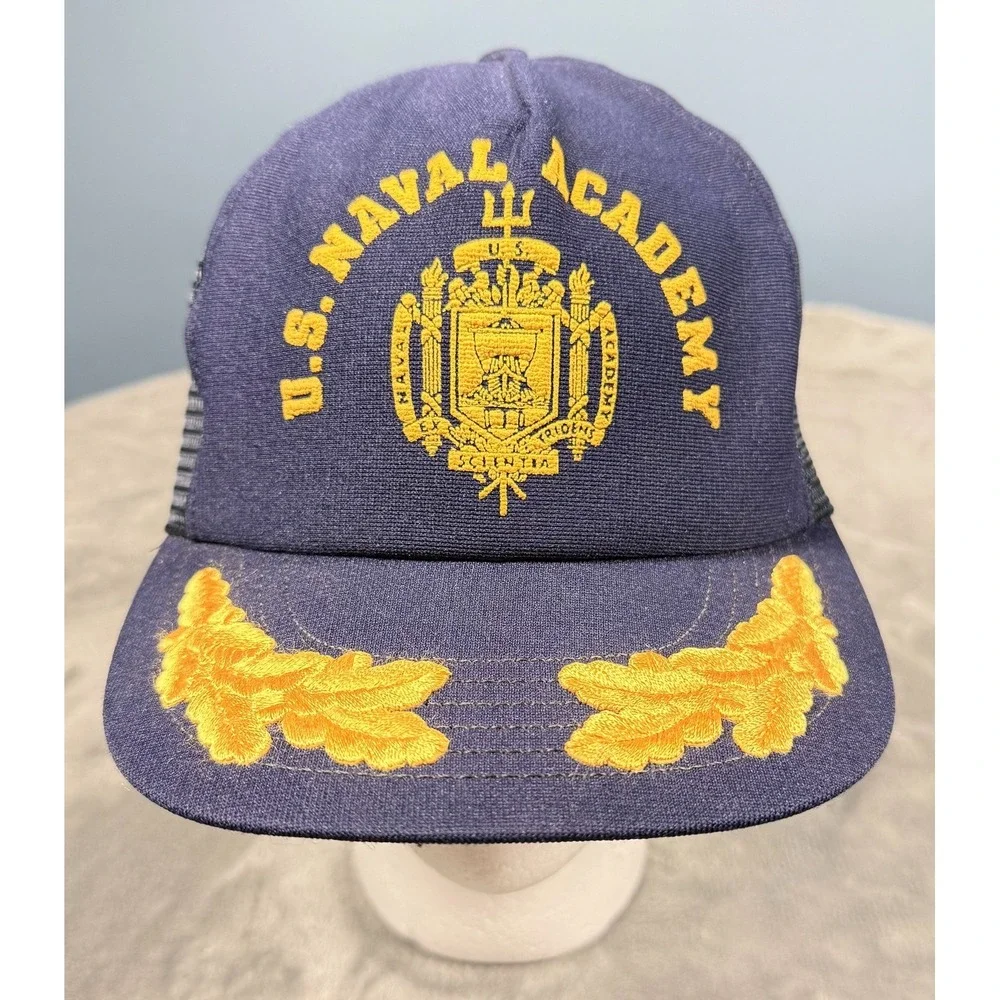 Vintage US Naval Academy Snapback Trucker Hat Navy Blue Mesh Crest Logo